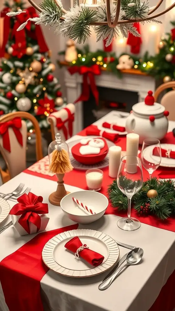 Chic Santa Baby themed table setting for a baby shower with red and white decorations, candles, and festive elements.