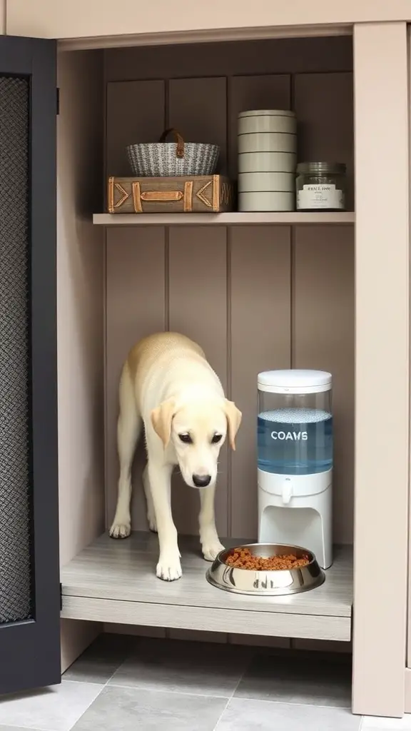 A modern dog feeding station with a built-in water dispenser and food bowl.
