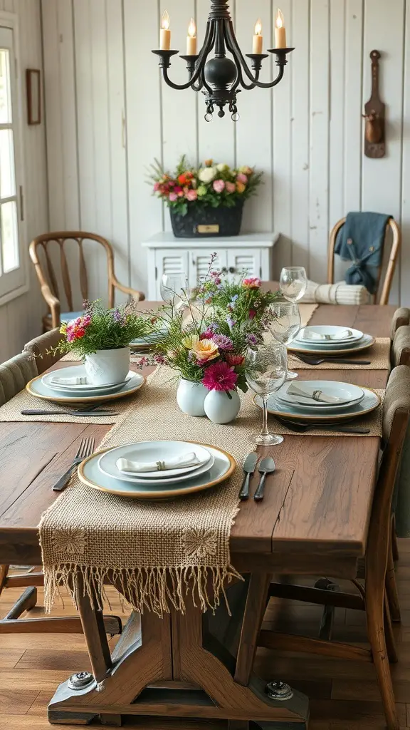 A rustic farmhouse Thanksgiving table setting with wooden table, burlap runner, floral arrangements, and elegant tableware.