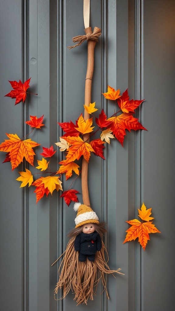 29+ Creative Halloween DIY Decorations to Scare Up Your Home 10 A broomstick door hanger with a doll and autumn leaves.