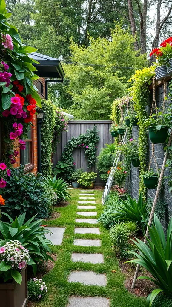 23+ Stunning Rectangular Backyard Design Ideas You’ll Love 8 A narrow backyard with vertical gardens featuring colorful flowers and lush greenery along the walls.