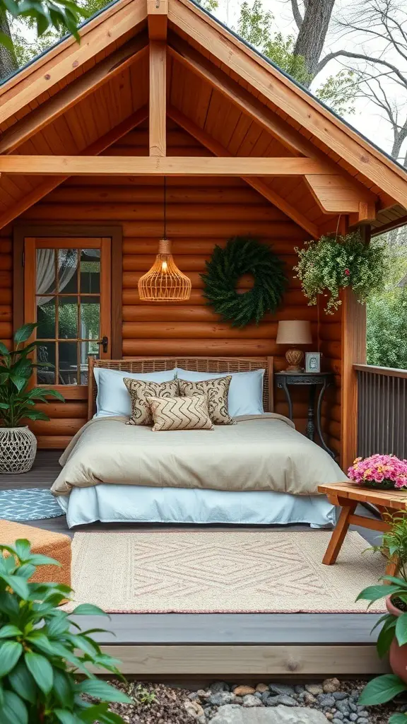 Cozy guest cabin with a bed on the porch, surrounded by greenery.