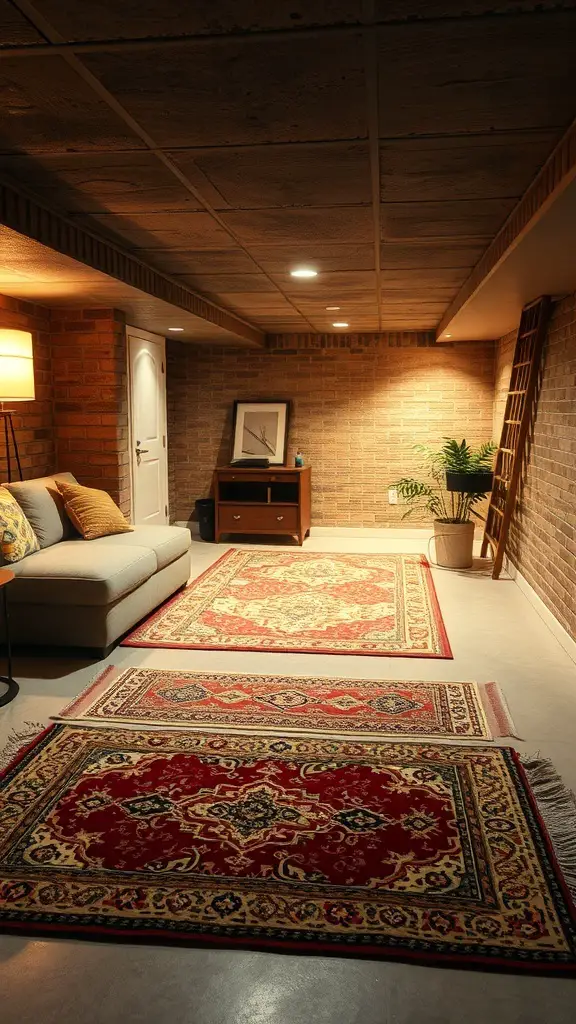 A cozy basement with rugs defining different areas, featuring a sofa and a plant.