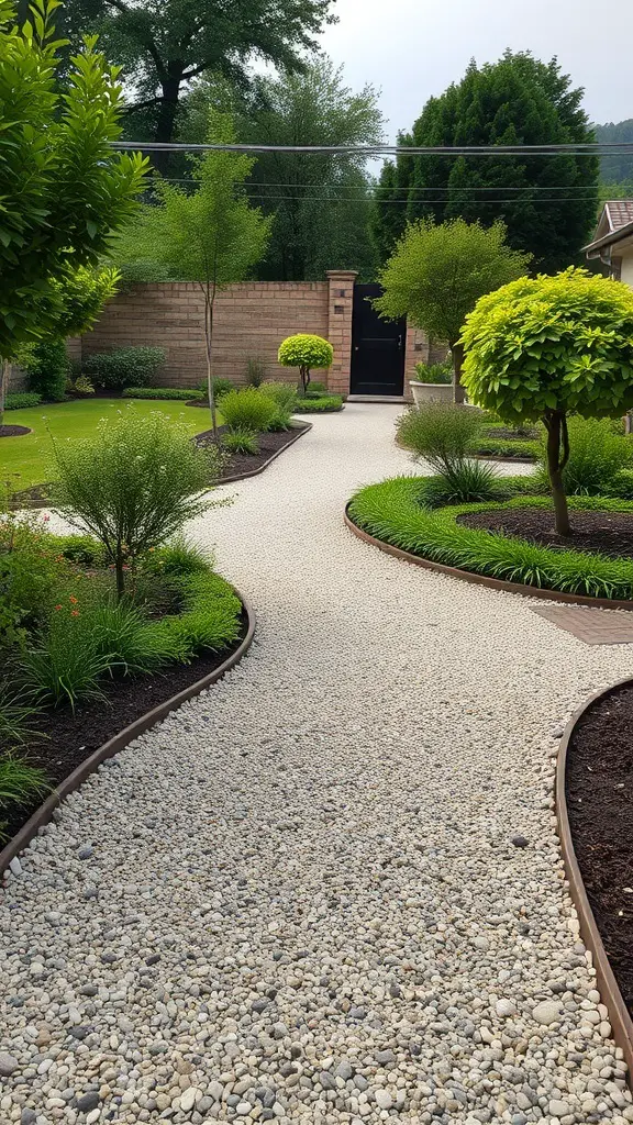 A winding gravel path surrounded by greenery and plants.