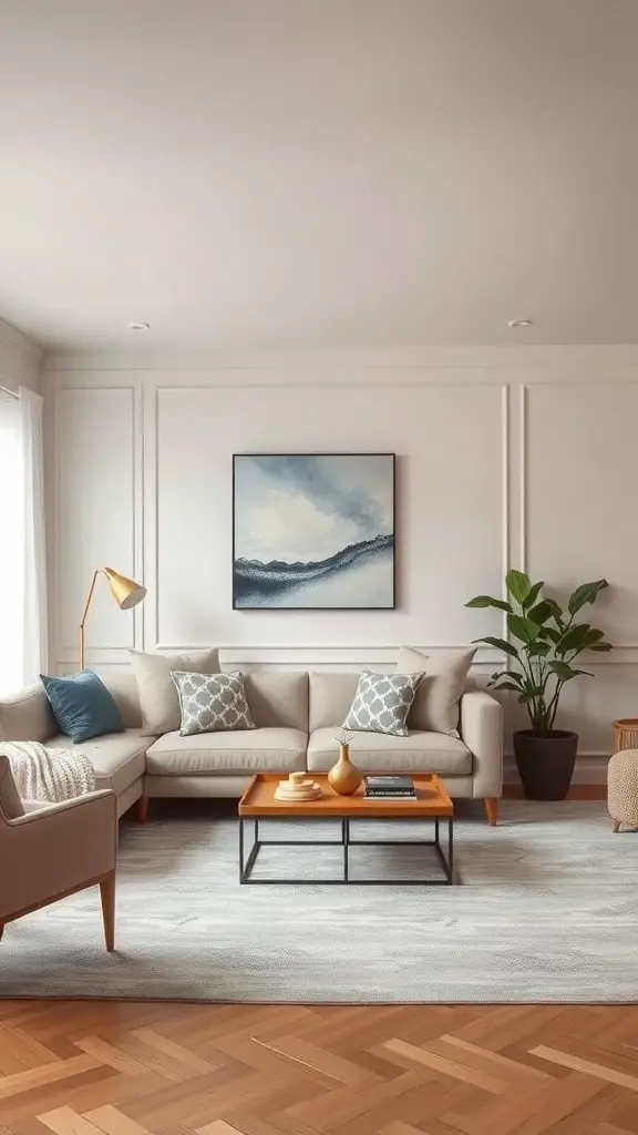 A sophisticated living room featuring a beige sofa, blue accent pillows, a wooden coffee table, and a plant, with subtle artwork on the wall.