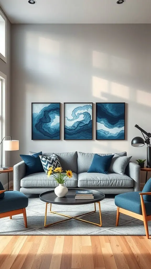 29+ Stunning Navy Blue Living Room Ideas to Transform Your Space 21 A cozy living room featuring navy blue artwork above a gray sofa, with blue accents in cushions and chairs.