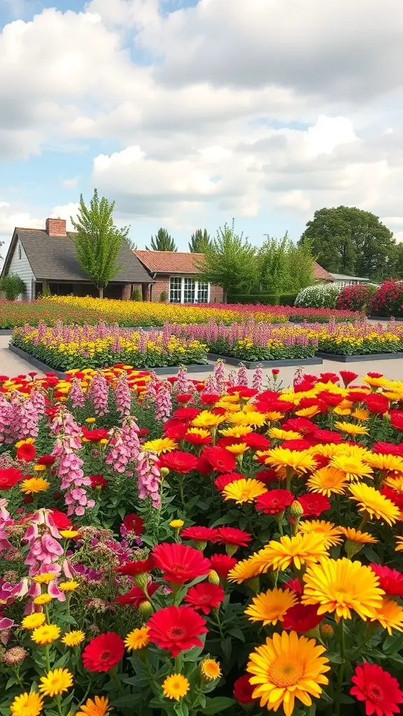 A vibrant garden filled with colorful flowers in various shades of red, yellow, and pink, with a house in the background.