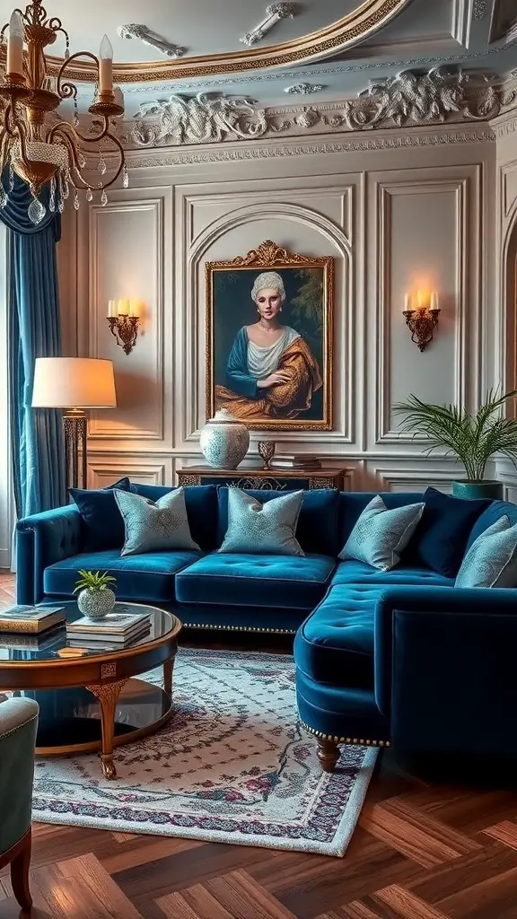 A sophisticated living room featuring a blue velvet sofa, elegant decor, and classic artwork.