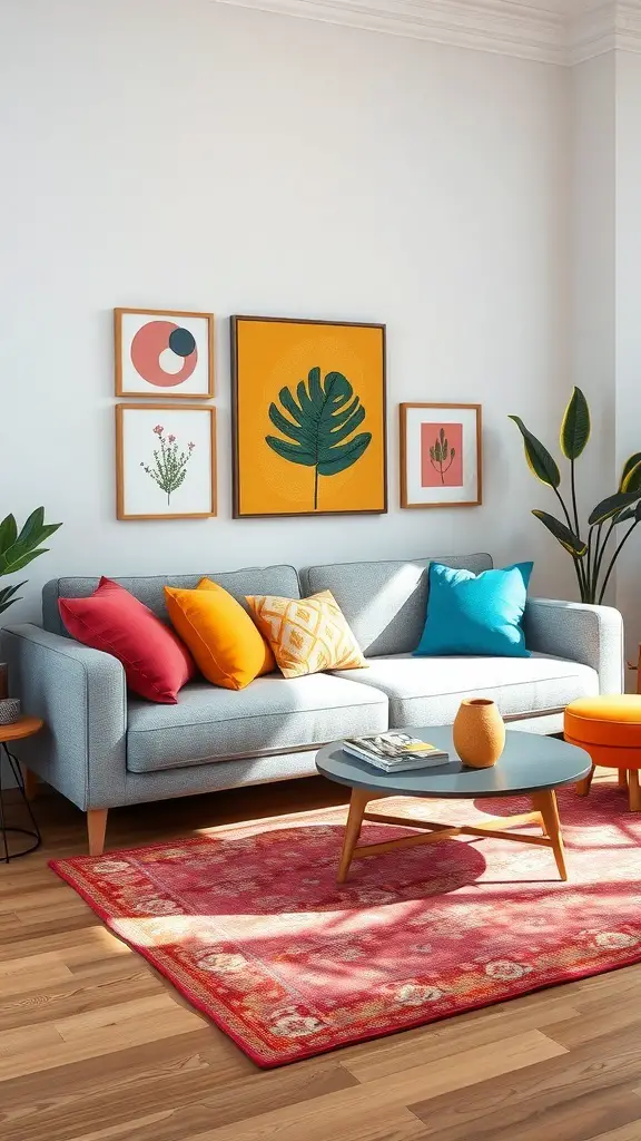 A stylish living room featuring a grey couch with colorful accent pillows, vibrant wall art, and a warm rug.