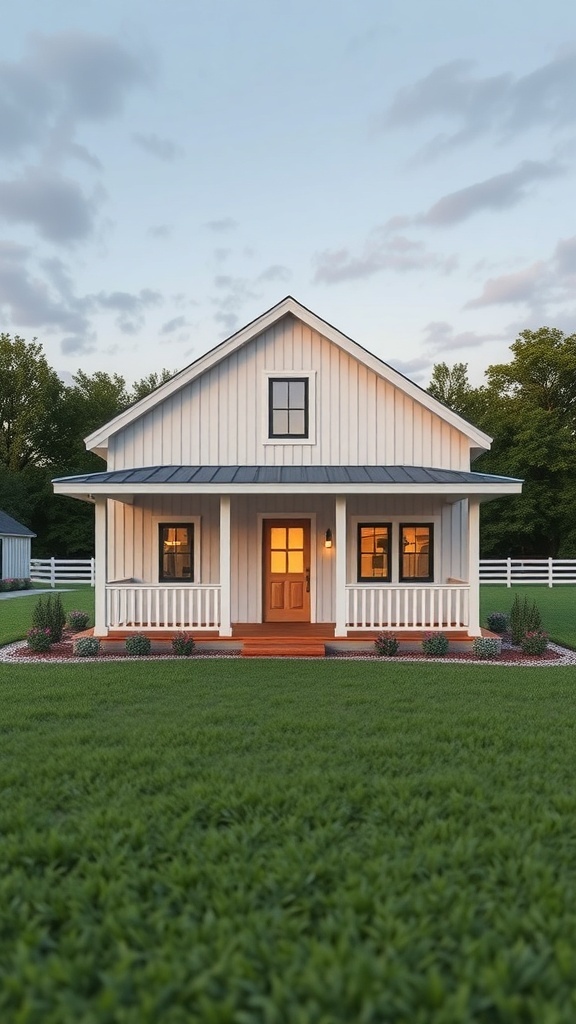 35+ Unique Pole Barn House Plans You'll Love 16 A charming pole barn house with a front porch, large windows, and a gabled roof, set in a green lawn.