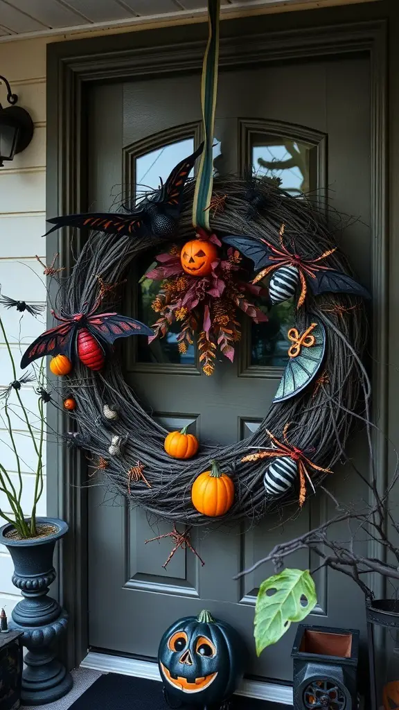 A Halloween wreath adorned with spiders, bats, pumpkins, and a jack-o'-lantern, hanging on a front door.