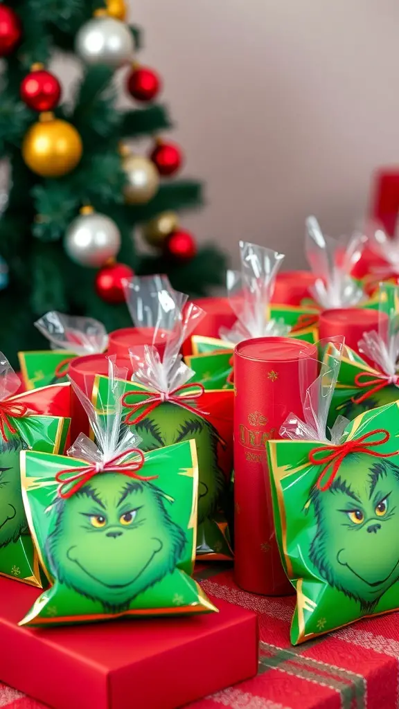 19+ Adorable Grinch Baby Shower Ideas You’ll Love 8 Colorful Grinch-themed party favors on a table, featuring bags with the Grinch's face and festive decorations.