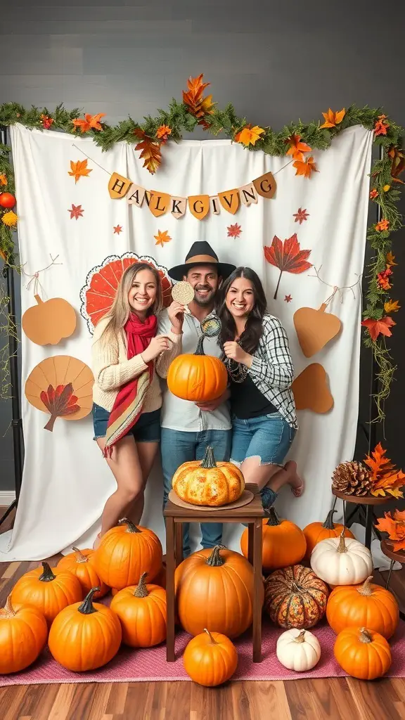 Thanksgiving photo booth with autumn leaves, pumpkins, and two people dressed in themed outfits.