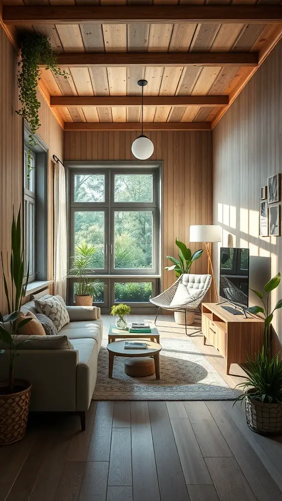 25+ Stunning Items to Achieve a Stockholm-Style Room Makeover 19 A cozy living room featuring wooden walls, plants, and natural light.