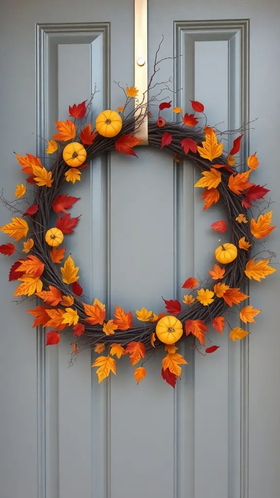 37+ Creative Indoor Fall Decorations You’ll Love 14 A harvest-themed wreath with pumpkins and autumn leaves on a door