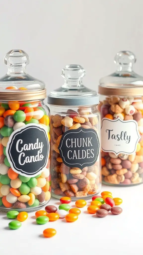 Three glass candy jars with colorful candies and themed labels.