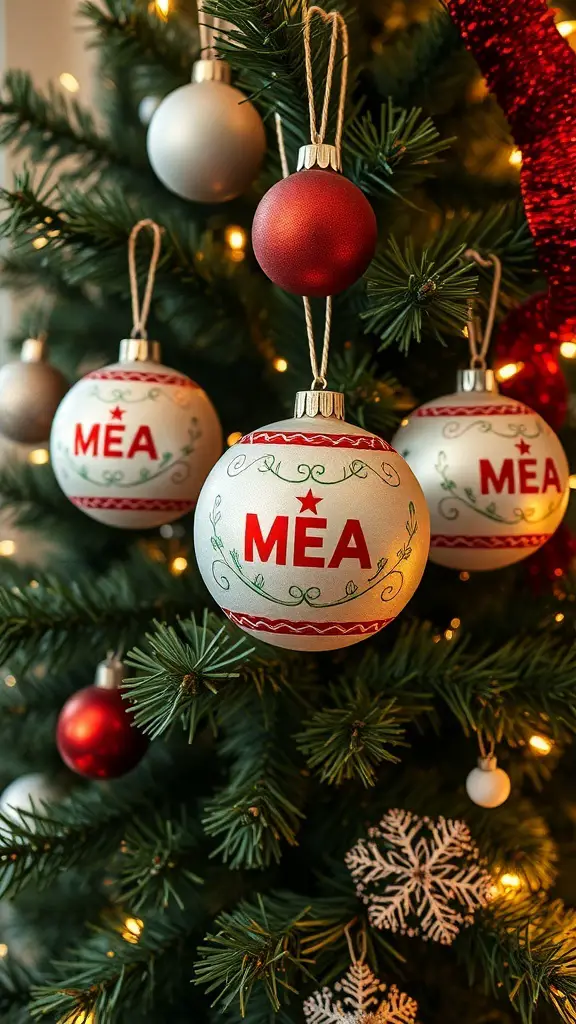 A close-up of Christmas tree ornaments featuring red and white designs with the word 'MEA'.