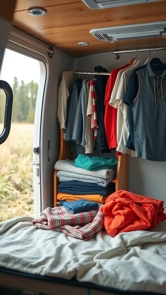 33+ Creative Camper Clothes Storage Ideas for Your Next Adventure 18 A well-organized camper interior showing rolled and stacked clothes on a shelf and hanging clothes in the background.