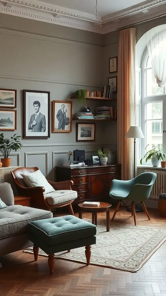 25+ Stunning Items to Achieve a Stockholm-Style Room Makeover 16 A cozy room featuring a mix of vintage and modern furniture, with green walls, framed artwork, and plants.
