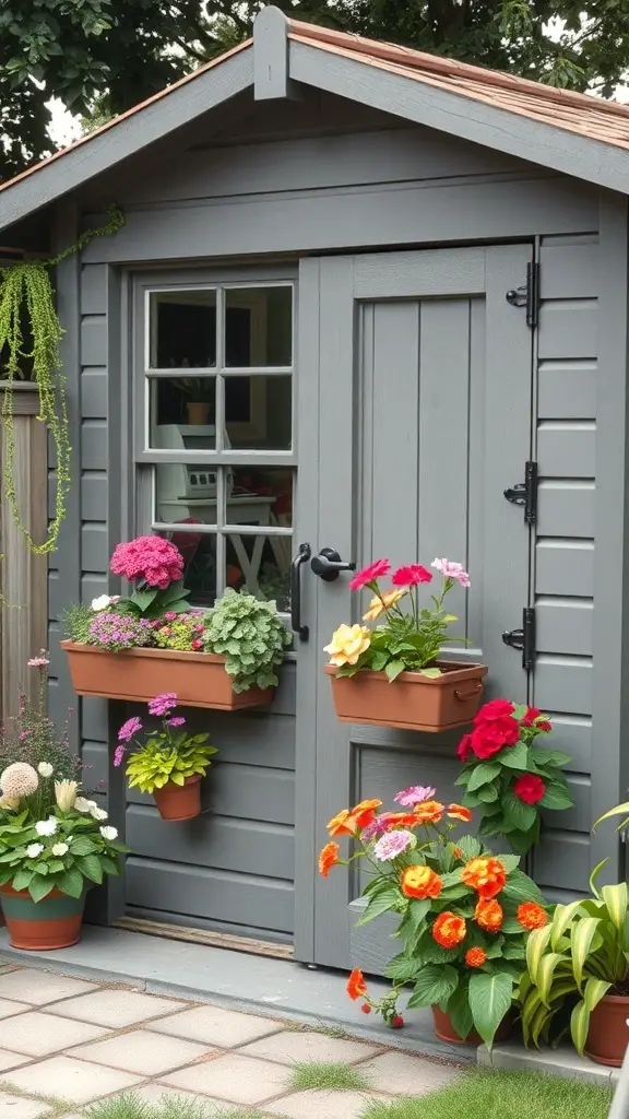 21+ Stunning Shed Landscaping Ideas to Transform Your Garden 11 A gray shed with built-in planter boxes filled with colorful flowers.