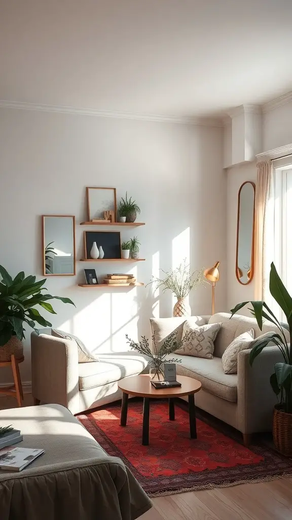 27+ Stunning Small Living Room and Dining Area Combinations 15 A small living room featuring decorative mirrors, plants, and cozy furniture.