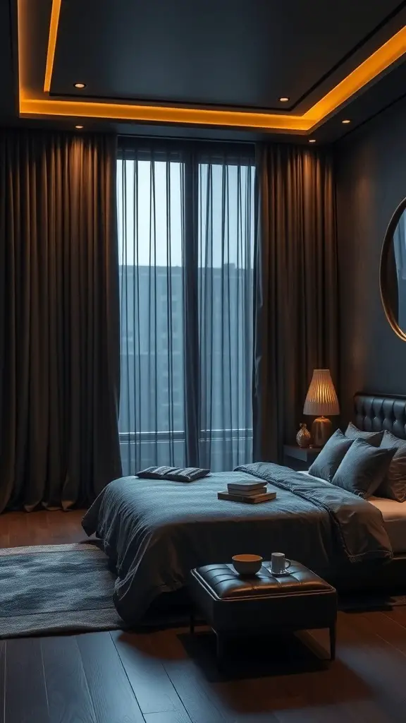A dark modern bedroom featuring luxurious fabrics and materials, with soft bedding, flowing curtains, and stylish decor.