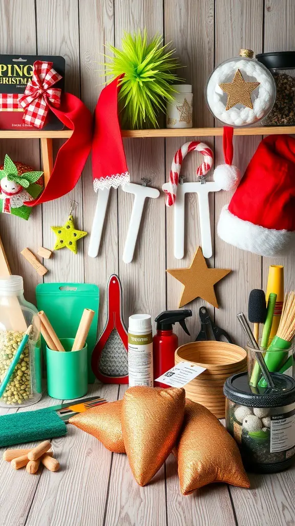 19+ Adorable Grinch Baby Shower Ideas You’ll Love 15 A colorful display of craft supplies for a Grinch-themed baby shower, featuring ribbons, felt, and festive decorations.