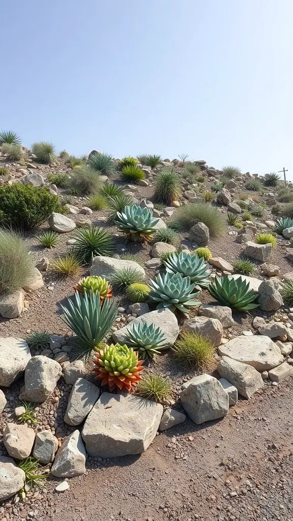 A sloped rock garden featuring various succulents and stones.