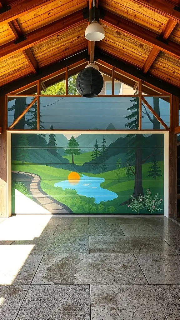 A garage interior painted with a nature-inspired landscape, featuring trees, mountains, and a winding path.
