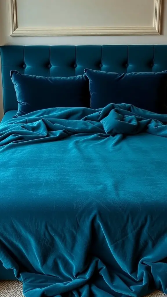 Teal velvet bedspread on a stylish bed with matching pillows