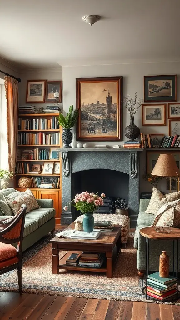 27+ Cozy English Countryside Living Room Ideas to Inspire Your Décor 7 Cozy English countryside living room with eclectic decor, featuring framed artwork, a wooden coffee table, and comfortable seating.