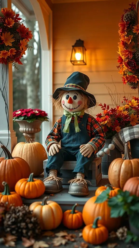 A whimsical scarecrow figure sitting on a bench surrounded by pumpkins and fall flowers on a front porch.