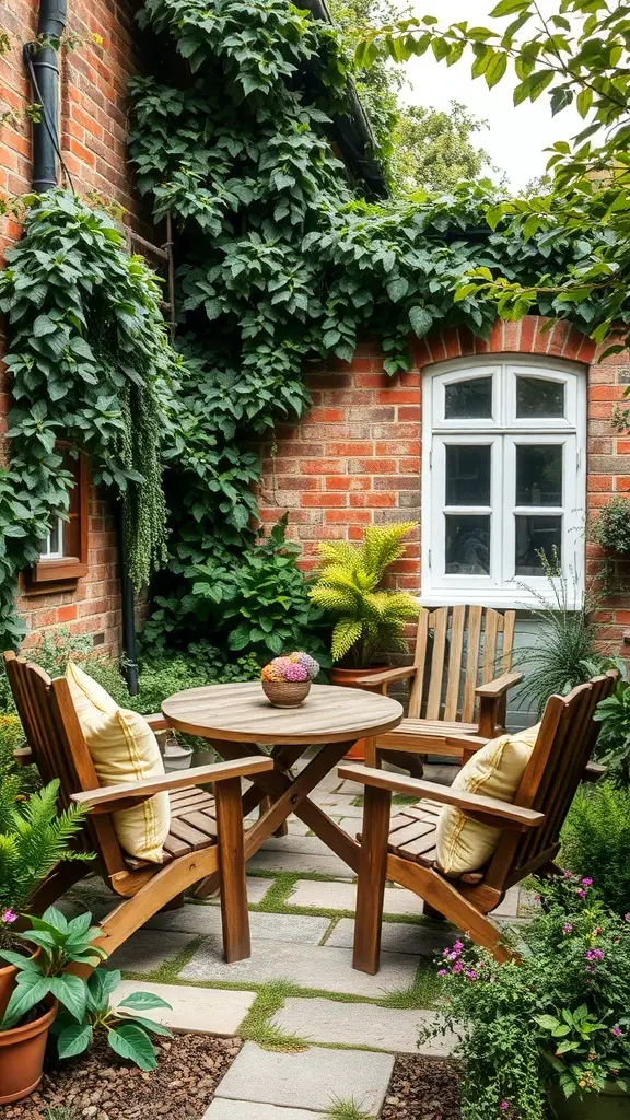 35+ Charming Small English Garden Ideas to Transform Your Outdoor Space 6 Cozy seating area with rustic wooden furniture in a small English garden