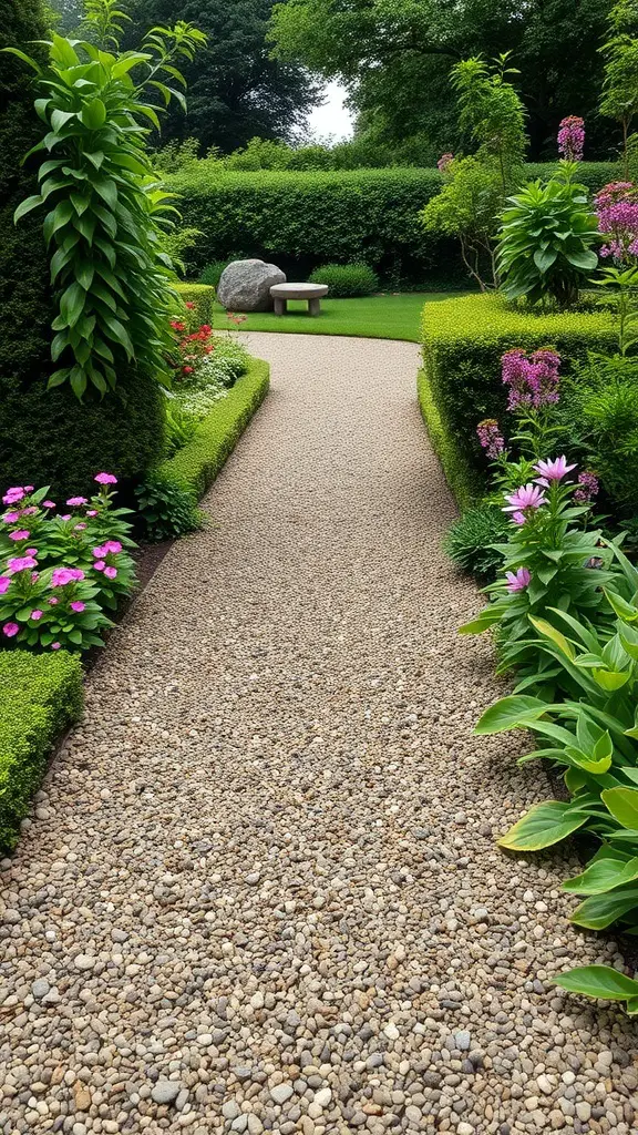 21+ Budget-Friendly Garden Ideas to Transform Your Outdoor Space 17 A garden pathway made of gravel, surrounded by colorful flowers and greenery.