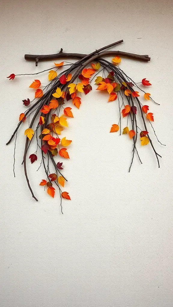 Wall art made from fallen branches and colorful autumn leaves