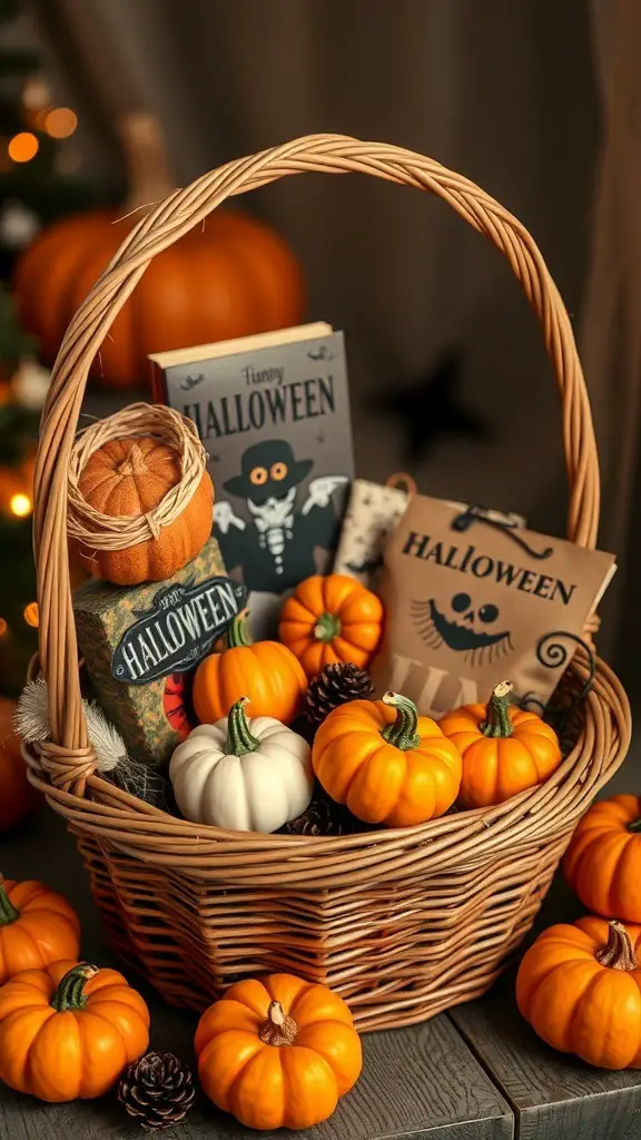 27+ Creative Boo Basket Ideas for a Spooktacular Surprise 16 A Halloween-themed basket filled with pumpkins, fairy lights, and spooky decorations.