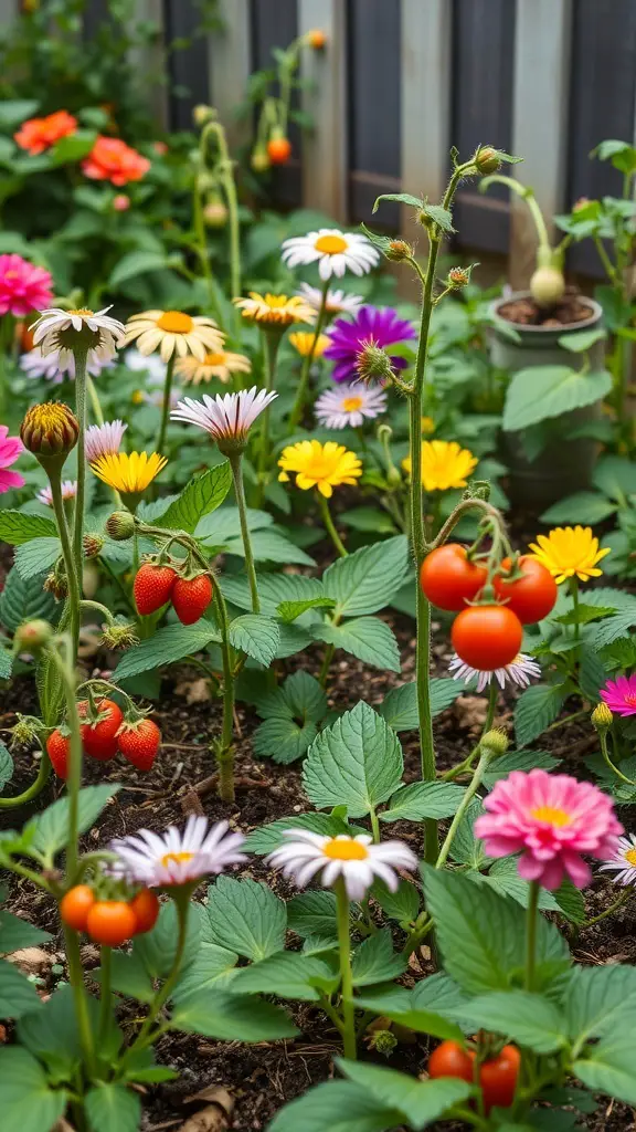 35+ Charming Small English Garden Ideas to Transform Your Outdoor Space 14 A colorful garden featuring flowers and ripe strawberries and tomatoes.