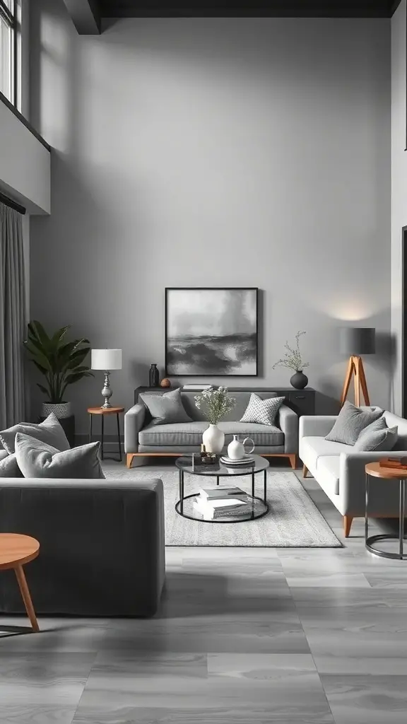 27+ Stunning Grey and Green Living Room Ideas 7 A modern living room featuring various shades of grey with wooden accents and a plant.
