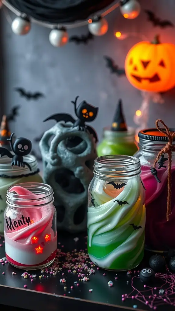 27+ Fun Halloween Crafts for Kids to Spook Up Your Season 5 Colorful Halloween-themed slime in jars with decorations