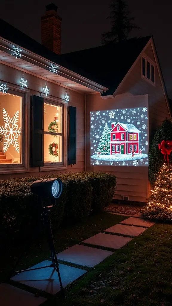 Outdoor Christmas projector displaying a winter scene on a house