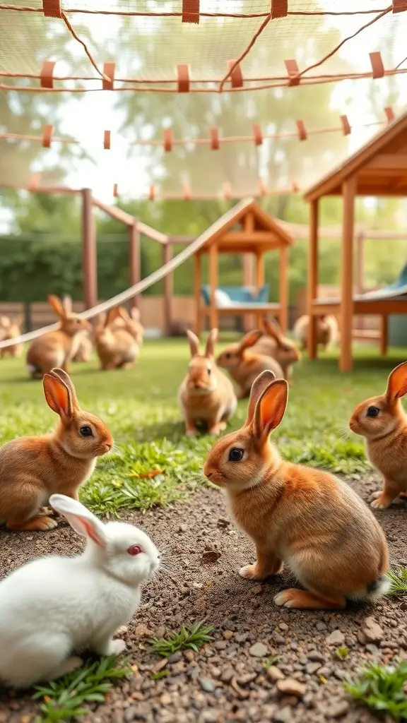 27+ Must-Have Features for the Ultimate Rabbit Playground 16 A playful scene in a rabbit playground with multiple rabbits interacting in a grassy area.