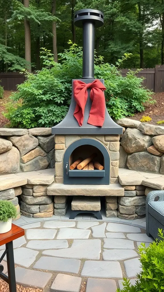 29+ Stunning Wood Stove Fireplace Surround Ideas to Warm Up Your Home 15 Outdoor wood stove with stone surround and red bow