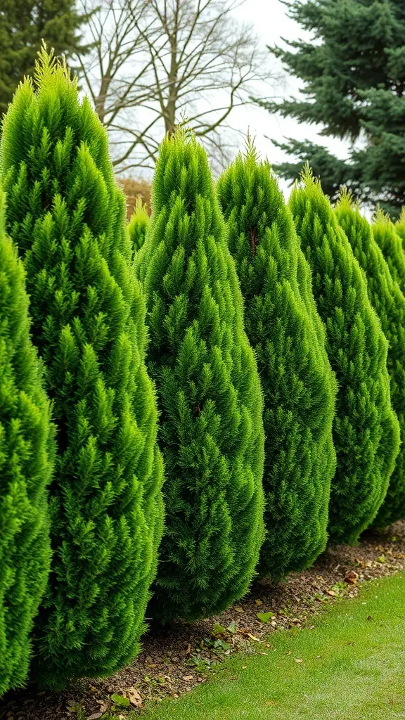 A row of vibrant green evergreen shrubs in a garden