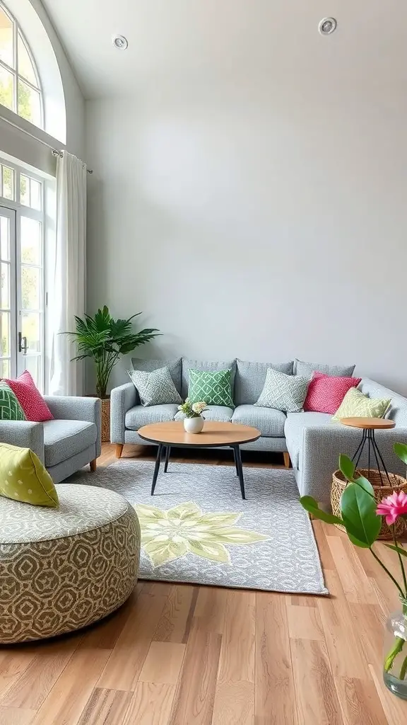 27+ Stunning Grey and Green Living Room Ideas 10 A stylish living room featuring a grey sofa with colorful cushions, a patterned rug, and indoor plants.