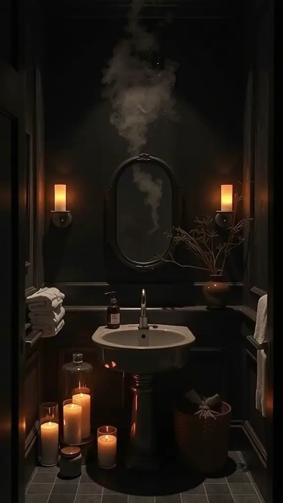 27+ Dark and Moody Powder Room Decor Ideas for a Chic Makeover 13 A dark moody powder room with candles and a mirror.