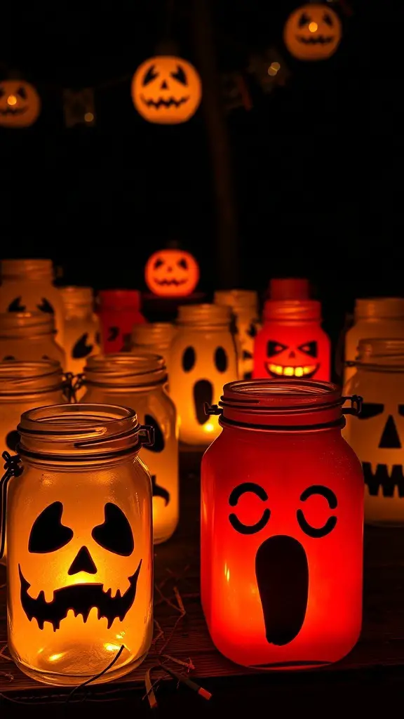 Spooky Mason Jar Lanterns glowing in the dark with various Halloween designs.