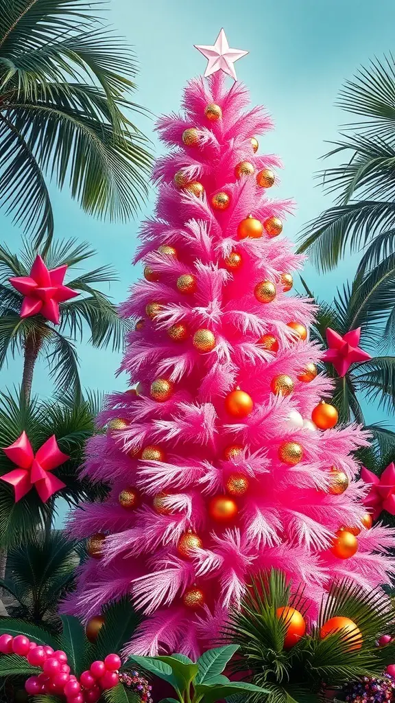 31+ Pink Christmas Tree Ideas to Brighten Your Holiday Décor 15 A vibrant pink Christmas tree decorated with gold and orange ornaments, surrounded by tropical palm leaves and colorful stars.