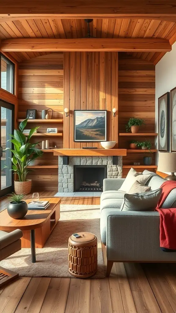 A cozy living room featuring wooden walls, a stone fireplace, modern furniture, and plants.
