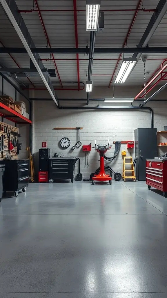 A spacious garage featuring a smooth gray epoxy floor, organized tools, and red accents.