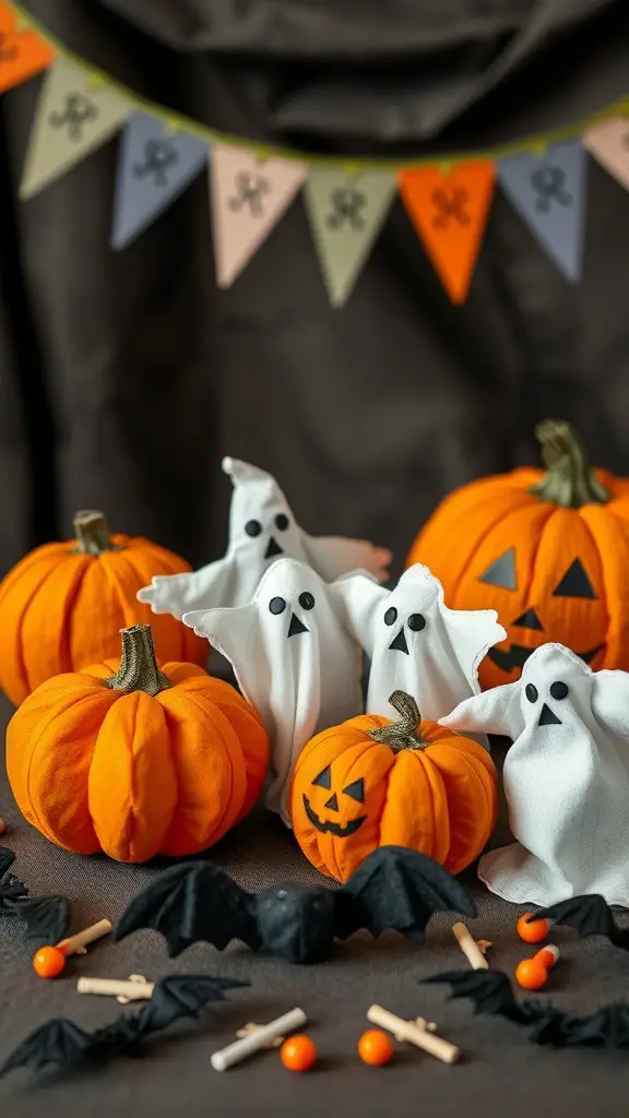 Colorful DIY Halloween decorations including pumpkins, ghost figures, and bats.